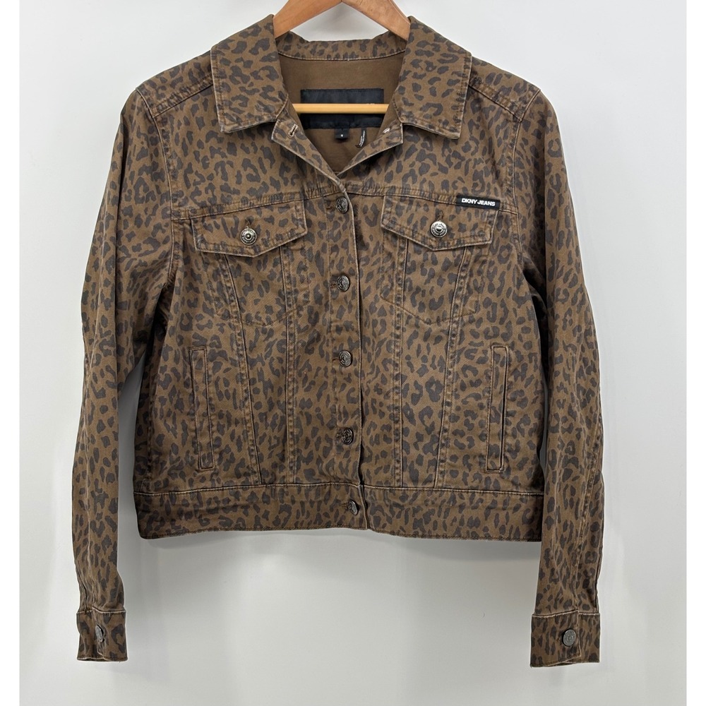 DKNY Denim Jacket Women's M Brown Leopard Print Cotton Blend Cropped Trucker